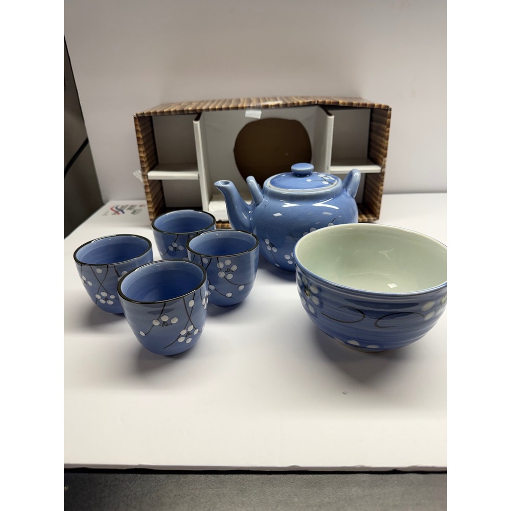 WCL Blue Ceramic Tea Set Cherry Blossom Teapot 4 Cups Large Bowl & Infuser Box